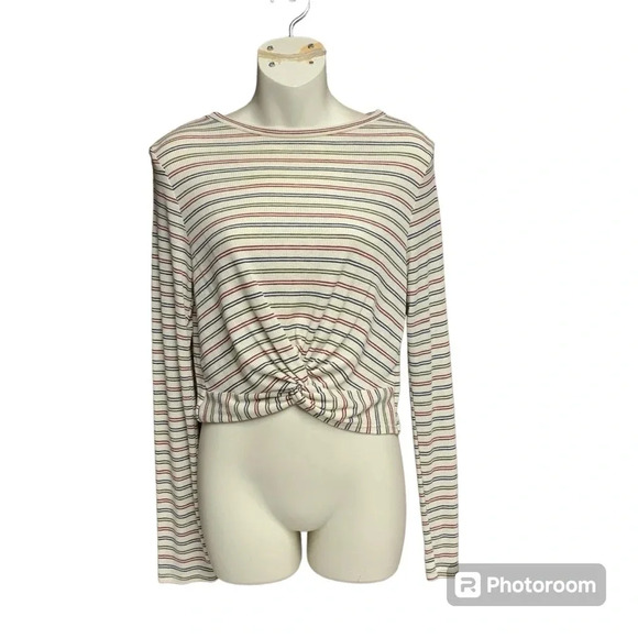Glaze long sleeve size large twist front top lightweight beige striped - Picture 1 of 6